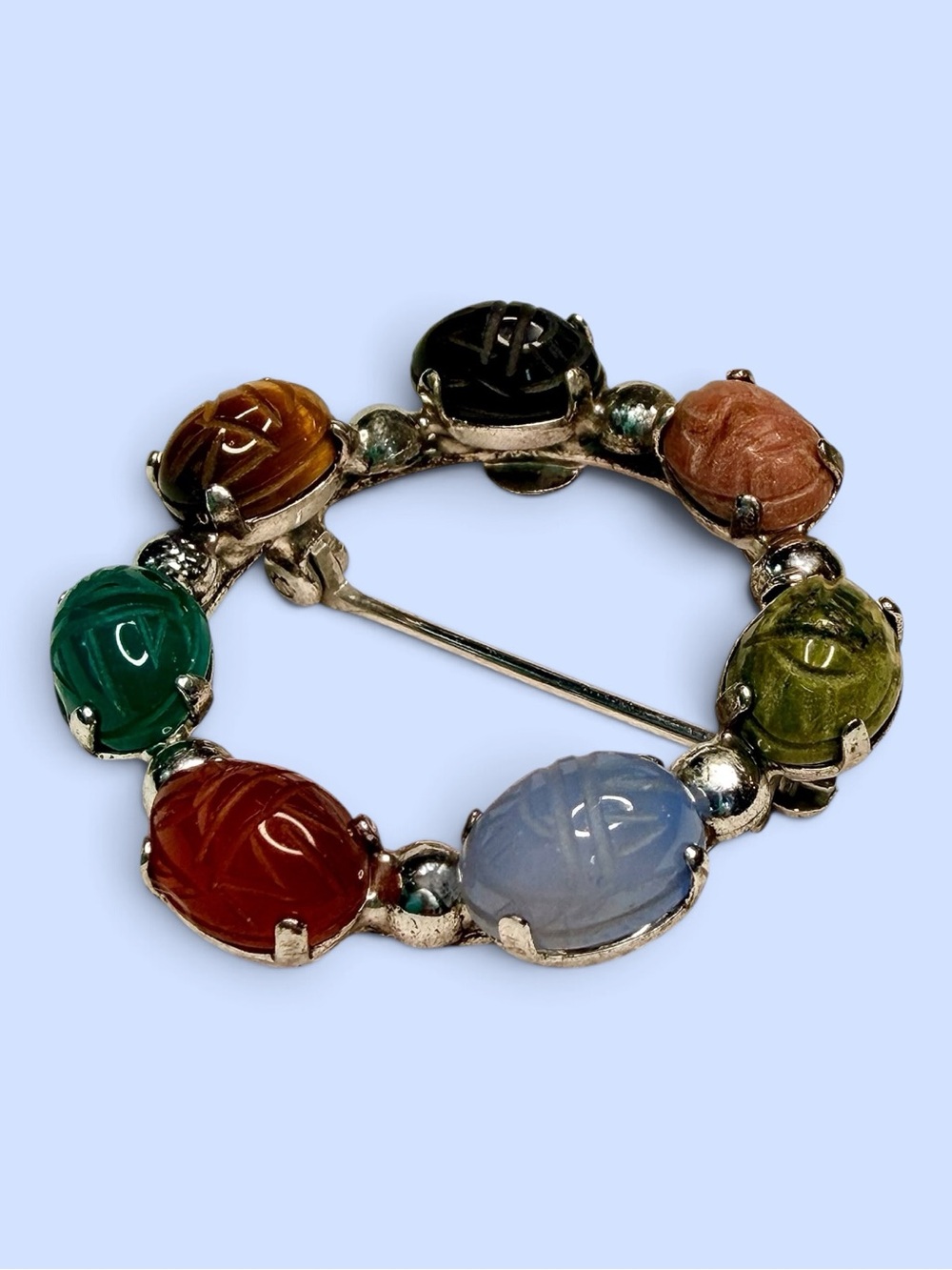 VTG Sterling Egyptian Revival Multi Stone Scarab Circle Brooch Curtman Company